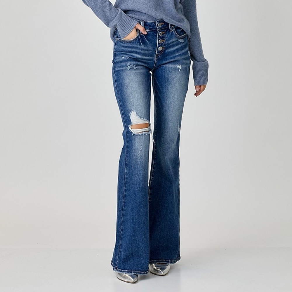 NWT RISEN Dark Wash High Rise Distressed Button Fly Flare Jeans